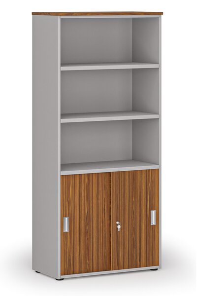 Kombinovaná kancelárska skriňa PRIMO GRAY, zasúvacie dvere na 2 poschodia, 800 x 420 x 1781 mm, sivá/orech