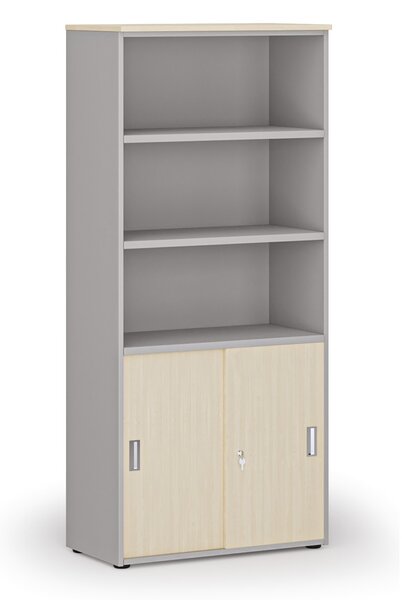 Kombinovaná kancelárska skriňa PRIMO GRAY, zasúvacie dvere na 2 poschodia, 800 x 420 x 1781 mm, sivá/breza