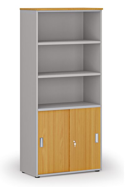 Kombinovaná kancelárska skriňa PRIMO GRAY, zasúvacie dvere na 2 poschodia, 800 x 420 x 1781 mm, sivá/buk