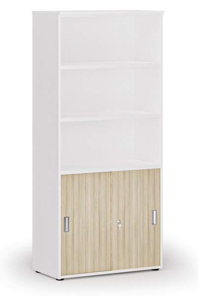 Kombinovaná kancelárska skriňa PRIMO WHITE, zasúvacie dvere na 2 poschodia, 800 x 420 x 1781 mm, biela/dub prírodná