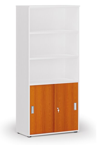 Kombinovaná kancelárska skriňa PRIMO WHITE, zasúvacie dvere na 2 poschodia, 800 x 420 x 1781 mm, biela/čerešňa