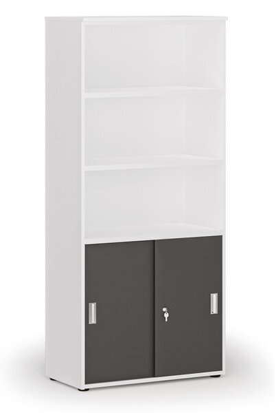 Kombinovaná kancelárska skriňa PRIMO WHITE, zasúvacie dvere na 2 poschodia, 800 x 420 x 1781 mm, biela/grafit