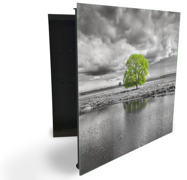 Glasdekor skrinka na kľúče - šedá krajina a detail zelený strom - Ľavé / Čierna