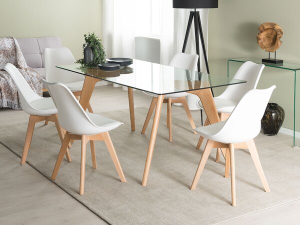Jedálenský stôl priehľadný svetlé drevo sklenená vrchná doska drevené nohy 180 x 90 cm obdĺžnikový tvar škandinávsky štýl obývačka