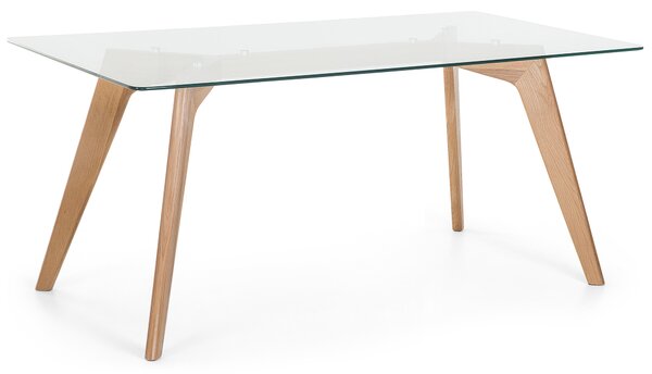 Jedálenský stôl priehľadný svetlé drevo sklenená vrchná doska drevené nohy 180 x 90 cm obdĺžnikový tvar škandinávsky štýl obývačka