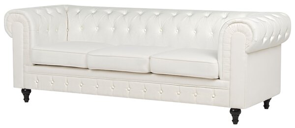Chesterfield pohovka krémová biela látkové čalúnenie 3-miestna nohy z tmavého dreva vintage moderný štýl obývacia izba