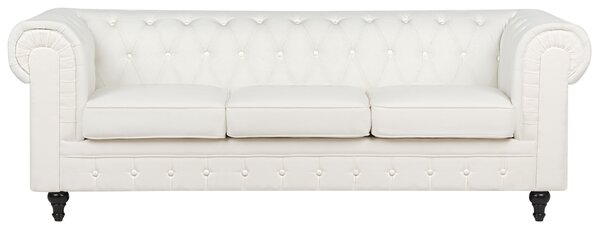 Chesterfield pohovka krémová biela látkové čalúnenie 3-miestna nohy z tmavého dreva vintage moderný štýl obývacia izba