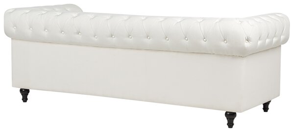 Chesterfield pohovka krémová biela látkové čalúnenie 3-miestna nohy z tmavého dreva vintage moderný štýl obývacia izba