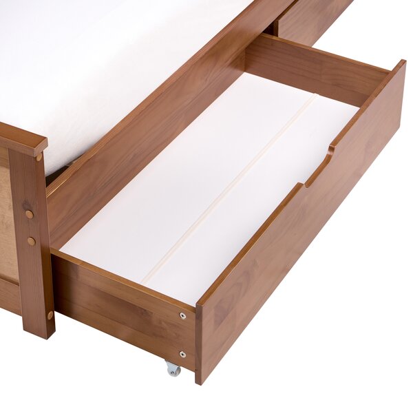 Posteľ hnedá borovicové drevo MDF 90 x 200 cm s čelom 2 zásuvky minimalistický štýl spálňa
