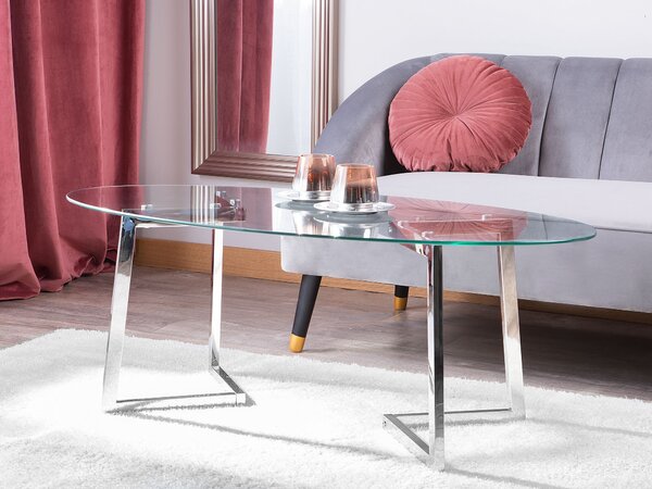 Konferenčný stolík strieborný oválna sklenená doska 120 x 60 cm kovové nohy moderný