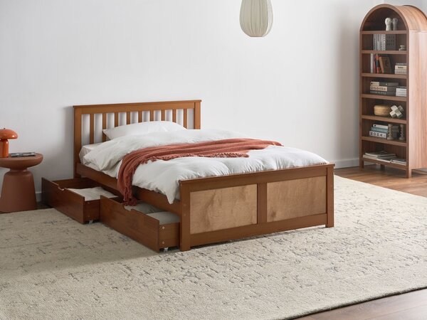 Posteľ hnedá borovicové drevo MDF 120 x 200 cm s čelom 2 zásuvky minimalistický štýl spálňa