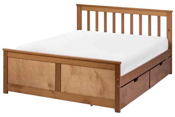 Posteľ hnedá borovicové drevo MDF 120 x 200 cm s čelom 2 zásuvky minimalistický štýl spálňa