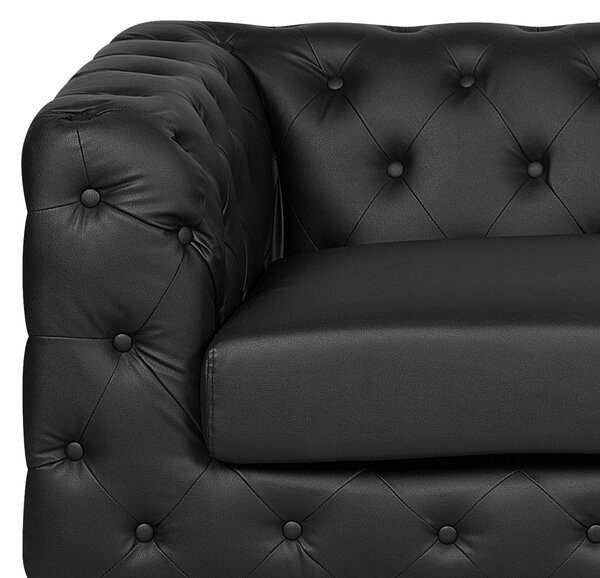 Pohovka chesterfield 3-miestna čierna umelá koža nízke prešívané operadlo bočné opierky strieborné nohy