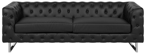 Pohovka chesterfield 3-miestna čierna umelá koža nízke prešívané operadlo bočné opierky strieborné nohy