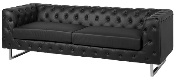 Pohovka chesterfield 3-miestna čierna umelá koža nízke prešívané operadlo bočné opierky strieborné nohy