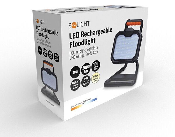 SOLIGHT LED reflektor 20W, prenosný, nabíjací, 2000lm, oranžovo-čierny