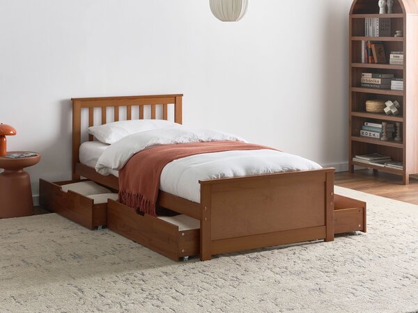 Posteľ hnedá borovicové drevo MDF 90 x 200 cm s čelom 4 zásuvky minimalistický štýl spálňa
