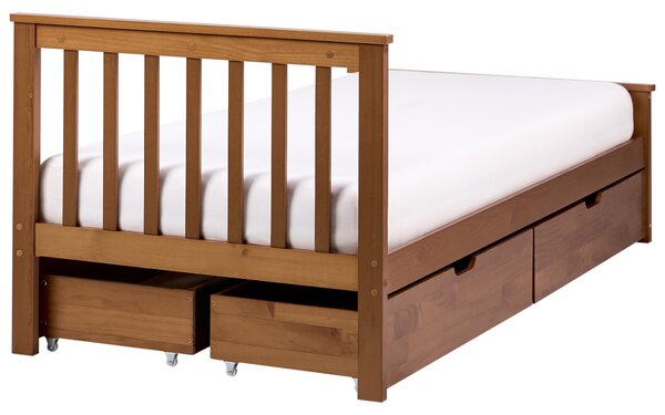 Posteľ hnedá borovicové drevo MDF 90 x 200 cm s čelom 4 zásuvky minimalistický štýl spálňa