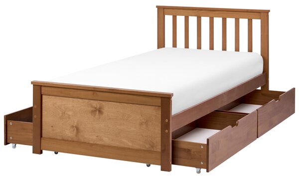 Posteľ hnedá borovicové drevo MDF 90 x 200 cm s čelom 4 zásuvky minimalistický štýl spálňa