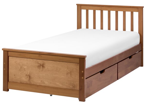 Posteľ hnedá borovicové drevo MDF 90 x 200 cm s čelom 2 zásuvky minimalistický štýl spálňa