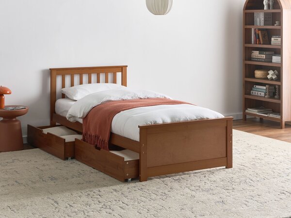 Posteľ hnedá borovicové drevo MDF 90 x 200 cm s čelom 2 zásuvky minimalistický štýl spálňa
