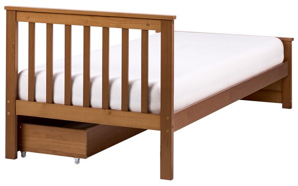 Posteľ hnedá borovicové drevo MDF 90 x 200 cm s čelom 2 zásuvky minimalistický štýl spálňa