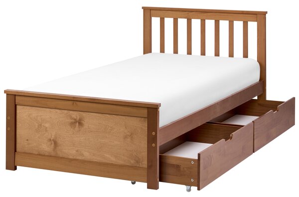 Posteľ hnedá borovicové drevo MDF 90 x 200 cm s čelom 2 zásuvky minimalistický štýl spálňa