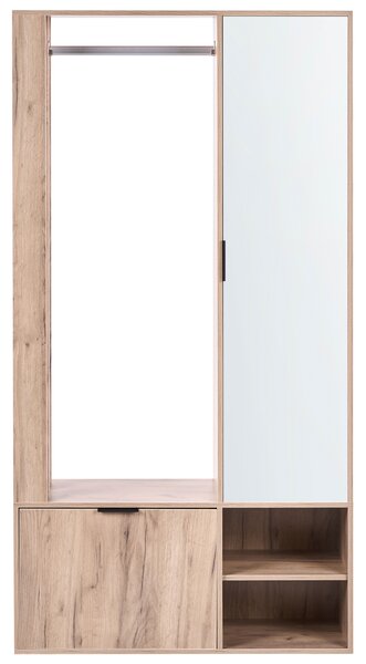 Skriňa na chodbu svetlohnedá drevotrieska 100 x 35 x 190 cm vešiak na kabáty skrinka na topánky zrkadlové dvere moderná predsieň