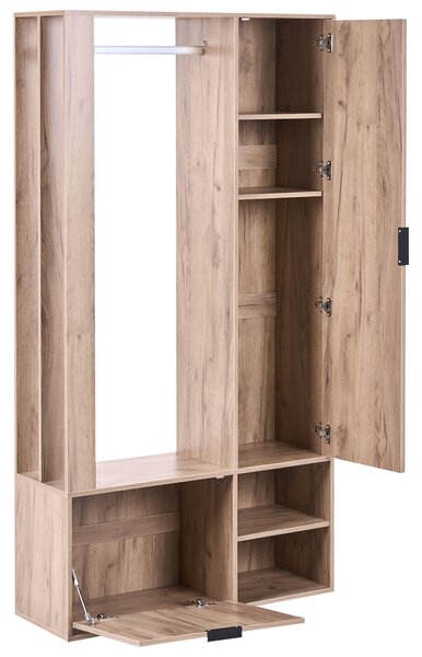 Skriňa na chodbu svetlohnedá drevotrieska 100 x 35 x 190 cm vešiak na kabáty skrinka na topánky zrkadlové dvere moderná predsieň