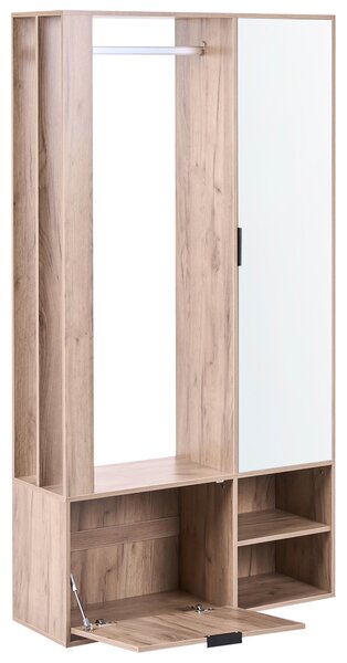 Skriňa na chodbu svetlohnedá drevotrieska 100 x 35 x 190 cm vešiak na kabáty skrinka na topánky zrkadlové dvere moderná predsieň