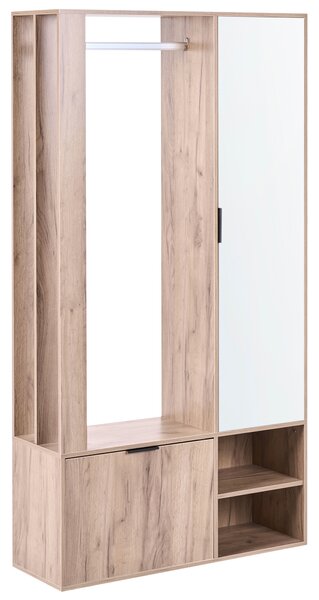 Skriňa na chodbu svetlohnedá drevotrieska 100 x 35 x 190 cm vešiak na kabáty skrinka na topánky zrkadlové dvere moderná predsieň