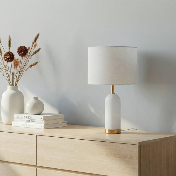 Stolná lampa Lindby alabaster, biela/zlatá, Ø 30 cm, mramor, E27, Biela / opálová, Obývacia izba / jedáleň, Textil / látka / hodváb, Škandinávsky, Stojacie svietidlo