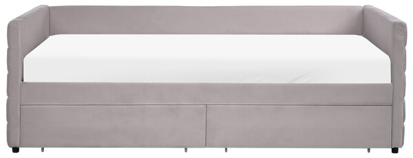 Posteľ svetlosivá zamatové čalúnenie jednolôžko 90 x 200 cm lamelový rošt zásuvky úložný priestor moderný štýl