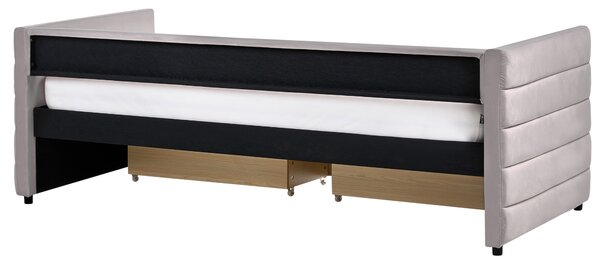 Posteľ svetlosivá zamatové čalúnenie jednolôžko 90 x 200 cm lamelový rošt zásuvky úložný priestor moderný štýl