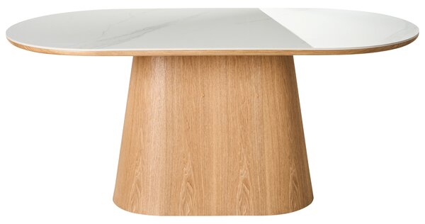 Jedálenský stôl biela vrchná doska svetlý jaseň MDF oválny tvar moderný minimalistický štýl kuchyňa jedáleň