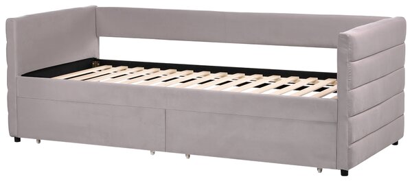 Posteľ svetlosivá zamatové čalúnenie jednolôžko 90 x 200 cm lamelový rošt zásuvky úložný priestor moderný štýl