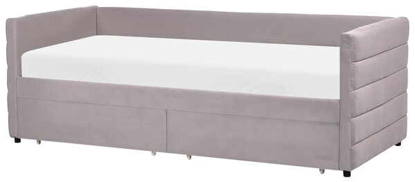 Posteľ svetlosivá zamatové čalúnenie jednolôžko 90 x 200 cm lamelový rošt zásuvky úložný priestor moderný štýl