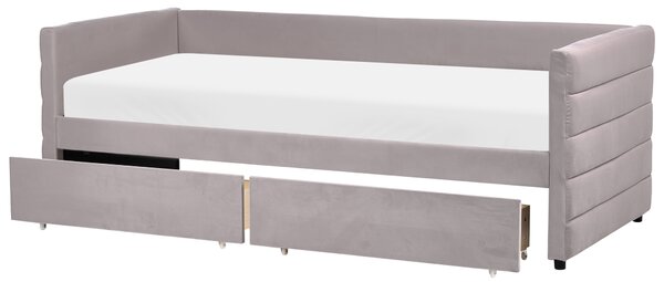 Posteľ svetlosivá zamatové čalúnenie jednolôžko 90 x 200 cm lamelový rošt zásuvky úložný priestor moderný štýl