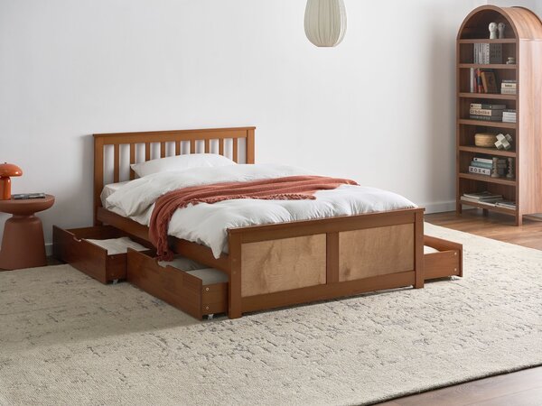 Posteľ hnedá borovicové drevo MDF 120 x 200 cm s čelom 4 zásuvky minimalistický štýl spálňa