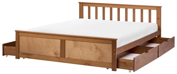 Posteľ hnedá borovicové drevo MDF 120 x 200 cm s čelom 4 zásuvky minimalistický štýl spálňa