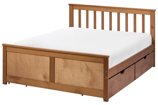 Posteľ hnedá borovicové drevo MDF 120 x 200 cm s čelom 4 zásuvky minimalistický štýl spálňa