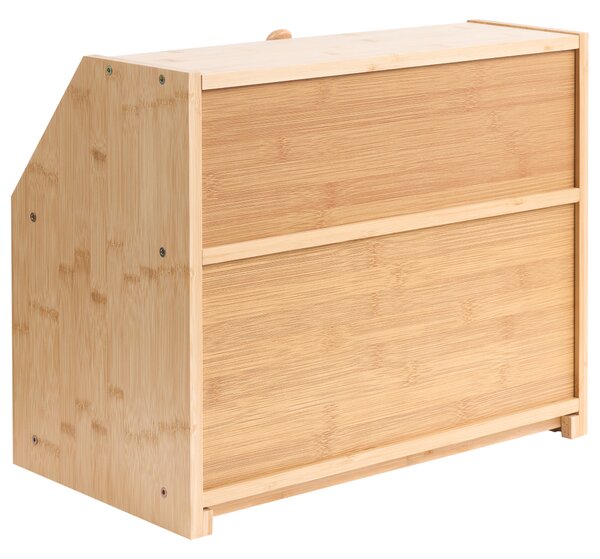 Dvojposchodový chlebník svetlohnedý bambusový 42 x 25 x 33 cm s priehľadnými panelmi a doskou na krájanie moderná kuchyňa