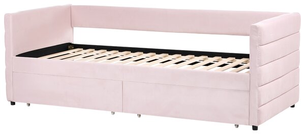 Posteľ pastelová ružová zamatové čalúnenie jednolôžko 90 x 200 cm lamelový rošt zásuvky úložný priestor moderný štýl