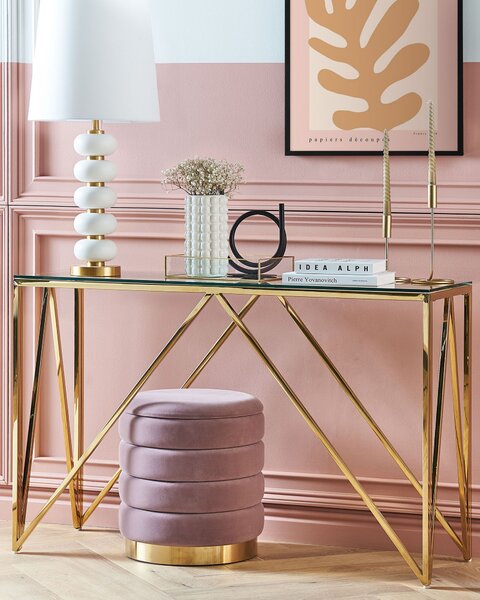 Konzolový stolík zlatý sklenená stolová doska rám z nehrdzavejúcej ocele 120 x 40 cm glamour moderný elegantný dizajn