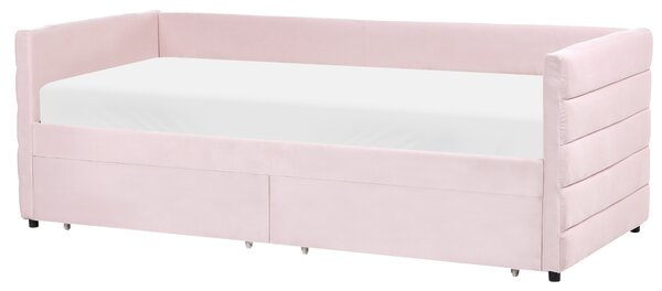 Posteľ pastelová ružová zamatové čalúnenie jednolôžko 90 x 200 cm lamelový rošt zásuvky úložný priestor moderný štýl