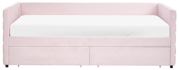 Posteľ pastelová ružová zamatové čalúnenie jednolôžko 90 x 200 cm lamelový rošt zásuvky úložný priestor moderný štýl