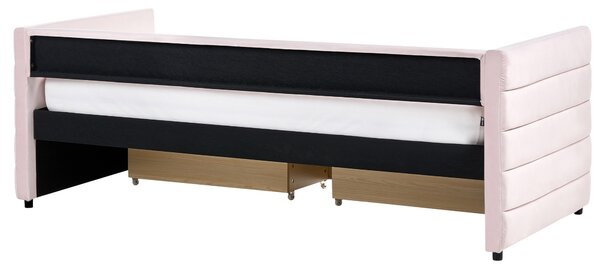 Posteľ pastelová ružová zamatové čalúnenie jednolôžko 90 x 200 cm lamelový rošt zásuvky úložný priestor moderný štýl
