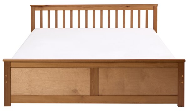 Posteľ hnedá borovicové drevo MDF 180 x 200 cm s čelom minimalistický štýl spálňa