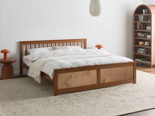 Posteľ hnedá borovicové drevo MDF 180 x 200 cm s čelom minimalistický štýl spálňa
