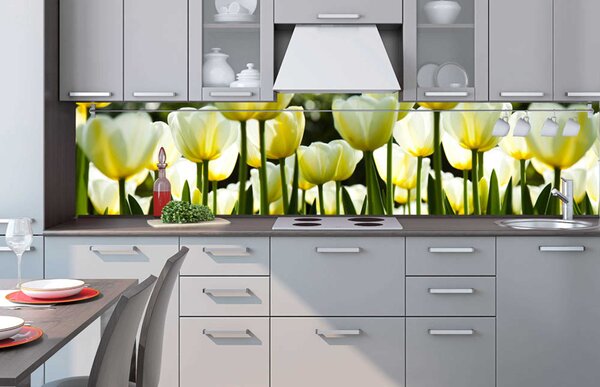DIMEX | Fototapeta do kuchyne Biele tulipány KI-260-009 | 260 x 60 cm | zelená, biela, žltá